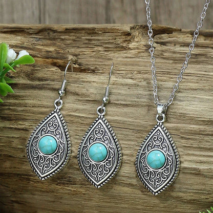Vintage Bohemian Hollow Round Geometric Necklace Earrings Set For Women Indian Jewelry Ethnic Bule Beads Pendant Jewelry Sets