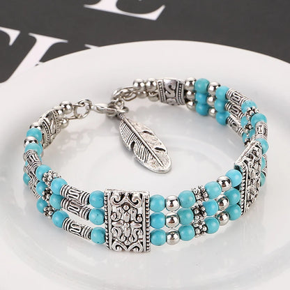 Vintage Natural Stone Bohemian Bracelet For Women Handmade Jewelry Blue Round Beads Carved Boho Bracelets Bangles Femme Pulseras