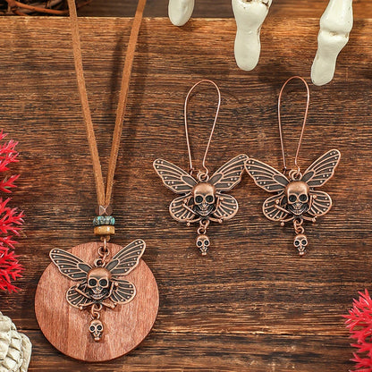 Fashion Retro Vintage Sweater Leather Rope Round Wooden Pendant Necklace Woman Jewelry Set Earrings Skull Collar Choker Necklace