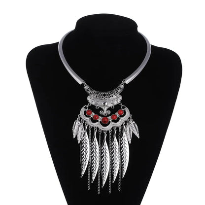 Vintage Statement Boho Necklace For Women Leaves Tassel Blue Black Red Beads Rhinestone Bohemian Necklace Party Jewelry Gift