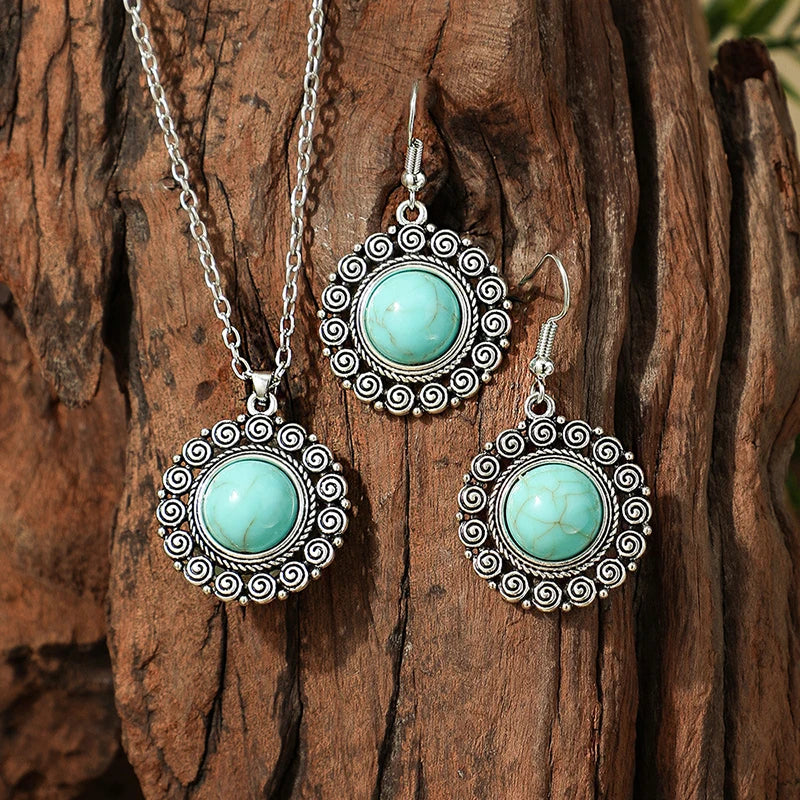 Vintage Bohemian Hollow Round Geometric Necklace Earrings Set For Women Indian Jewelry Ethnic Bule Beads Pendant Jewelry Sets