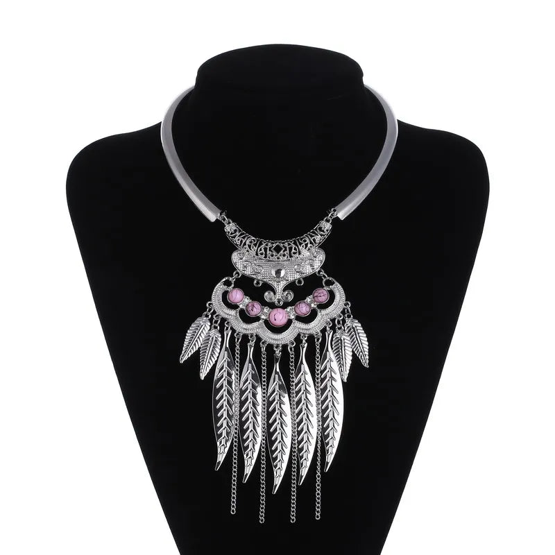 Vintage Statement Boho Necklace For Women Leaves Tassel Blue Black Red Beads Rhinestone Bohemian Necklace Party Jewelry Gift
