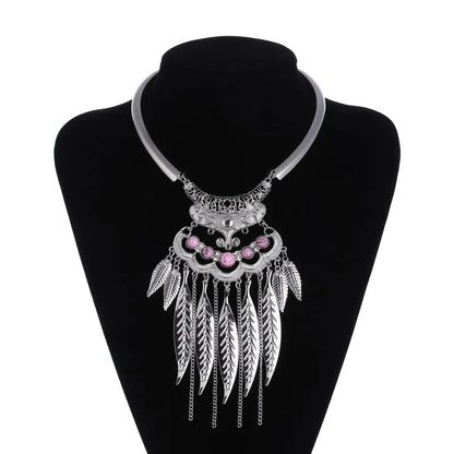 Vintage Statement Boho Necklace For Women Leaves Tassel Blue Black Red Beads Rhinestone Bohemian Necklace Party Jewelry Gift