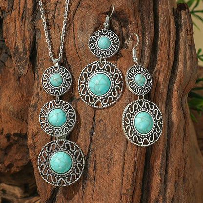 Vintage Bohemian Hollow Round Geometric Necklace Earrings Set For Women Indian Jewelry Ethnic Bule Beads Pendant Jewelry Sets