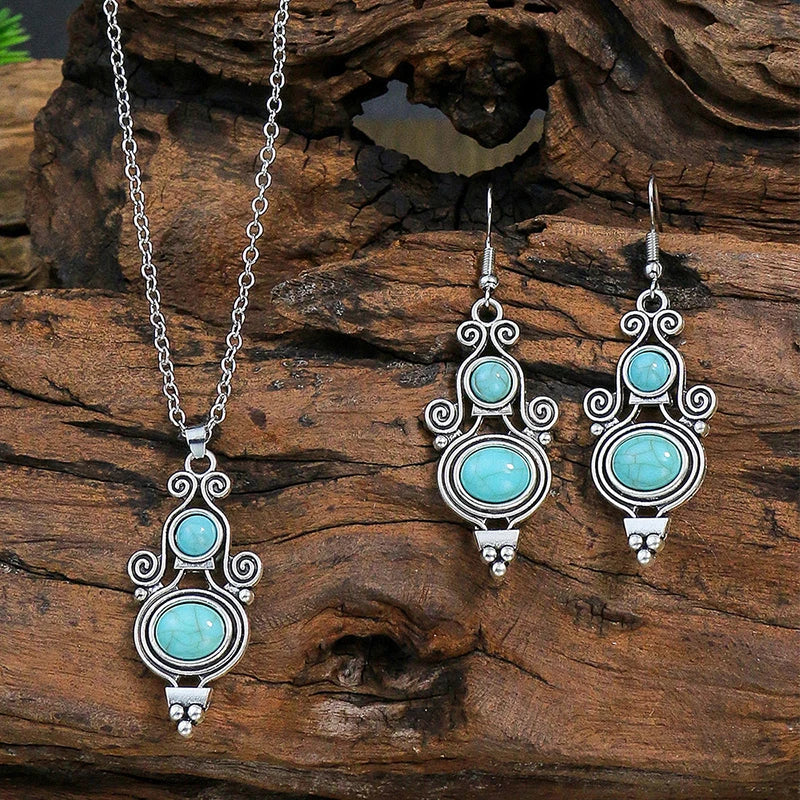 Vintage Bohemian Hollow Round Geometric Necklace Earrings Set For Women Indian Jewelry Ethnic Bule Beads Pendant Jewelry Sets