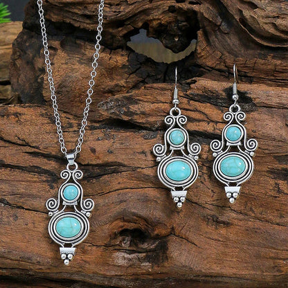 Vintage Bohemian Hollow Round Geometric Necklace Earrings Set For Women Indian Jewelry Ethnic Bule Beads Pendant Jewelry Sets
