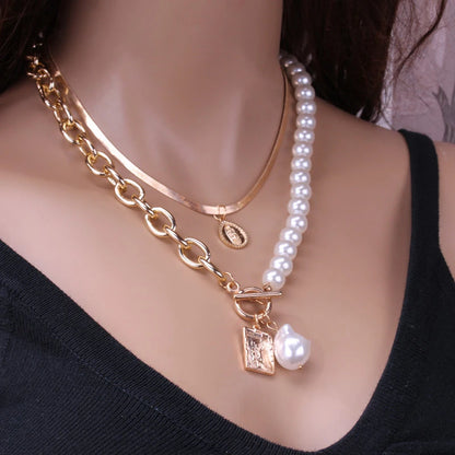 Fashion Chain Pearl Necklace For Women Baroque Pearl Metal Charm Pendant Necklaces Choker Snake Chain Jewelry Gold Silver Color