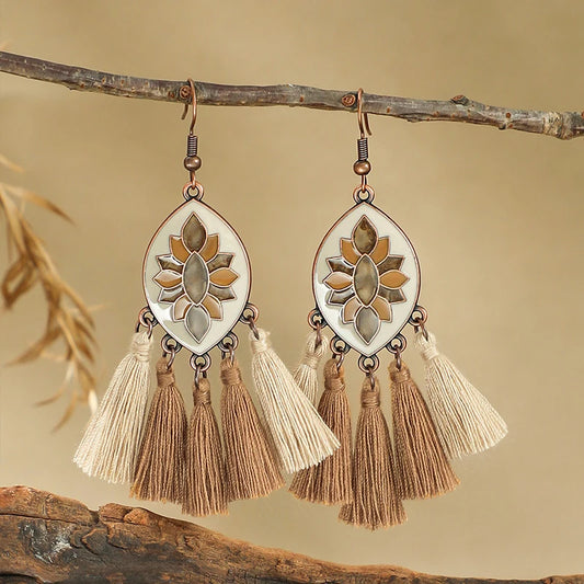 Vintage Ethnic Wooden Tassel Women's Jewelry Sets Bohemian Long Sweater Chain Holiday Daily Pendant Necklace Drop Earrings Gift
