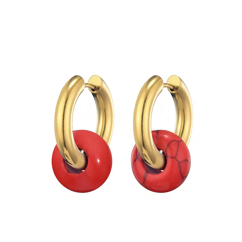 Classic Fashion Natural Stone Round Bead Hoop Earrings Woman Turquoises 3.0mm Thick Stainless Steel Ear Buckle Earrings Jewelry