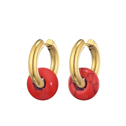 Classic Fashion Natural Stone Round Bead Hoop Earrings Woman Turquoises 3.0mm Thick Stainless Steel Ear Buckle Earrings Jewelry