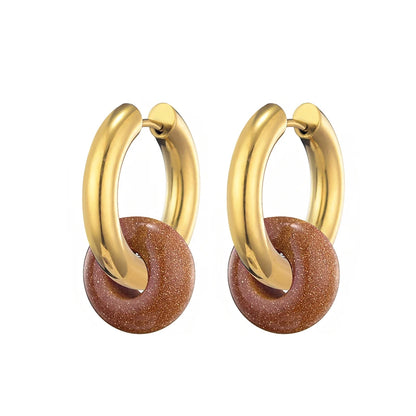 Classic Fashion Natural Stone Round Bead Hoop Earrings Woman Turquoises 3.0mm Thick Stainless Steel Ear Buckle Earrings Jewelry