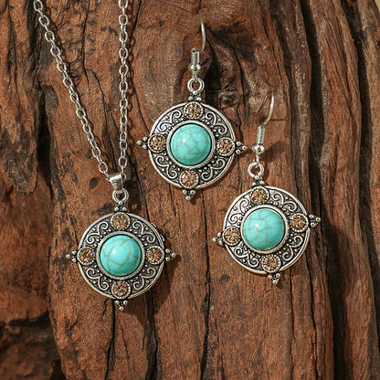 Vintage Bohemian Hollow Round Geometric Necklace Earrings Set For Women Indian Jewelry Ethnic Bule Beads Pendant Jewelry Sets