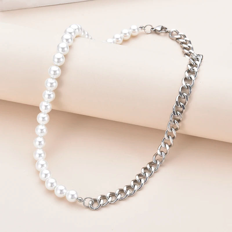 New Stainless Steel Cuban Curb Link Chain Pearl Choker Necklace For Women Men Punk Hip-hop 8mm White Beaded Silver Color Jewelry