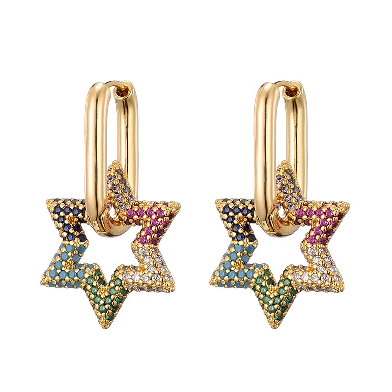 LOVBEAFAS Trendy Star Gold Color Geometric Hoop Earrings For Women Zircon Female Drop Earrings Engagement Elegant Brand Jewelry