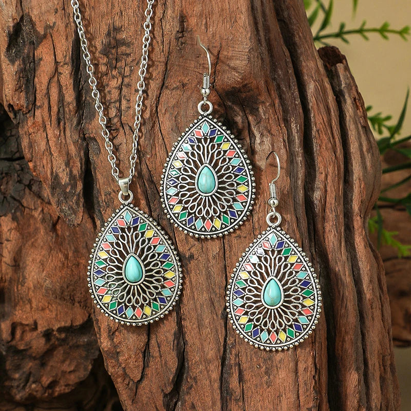 Vintage Bohemian Hollow Round Geometric Necklace Earrings Set For Women Indian Jewelry Ethnic Bule Beads Pendant Jewelry Sets