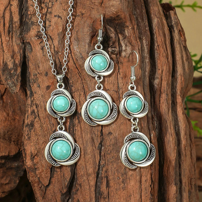 Vintage Bohemian Hollow Round Geometric Necklace Earrings Set For Women Indian Jewelry Ethnic Bule Beads Pendant Jewelry Sets
