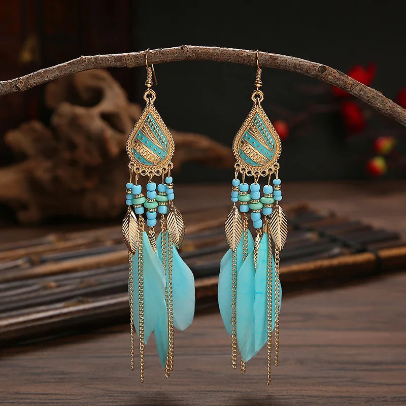 Boho Long Feather Dangle Women's Earrings Beach Long Tassel Beads Handmade Flower Enamel Earrings Bride Wedding Pendientes Mujer