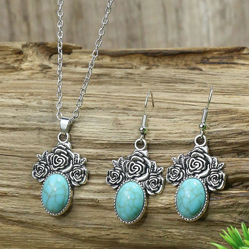 Vintage Bohemian Hollow Round Geometric Necklace Earrings Set For Women Indian Jewelry Ethnic Bule Beads Pendant Jewelry Sets