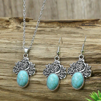 Vintage Bohemian Hollow Round Geometric Necklace Earrings Set For Women Indian Jewelry Ethnic Bule Beads Pendant Jewelry Sets
