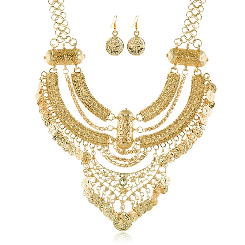 Fashion Choker Collar Jewelry Sets For Women Coin Tassel Ethnic Gypsy Bohemian Statement Collier Necklaces Drop Dangle Earrings