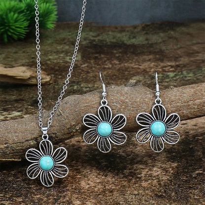 Vintage Bohemian Hollow Round Geometric Necklace Earrings Set For Women Indian Jewelry Ethnic Bule Beads Pendant Jewelry Sets