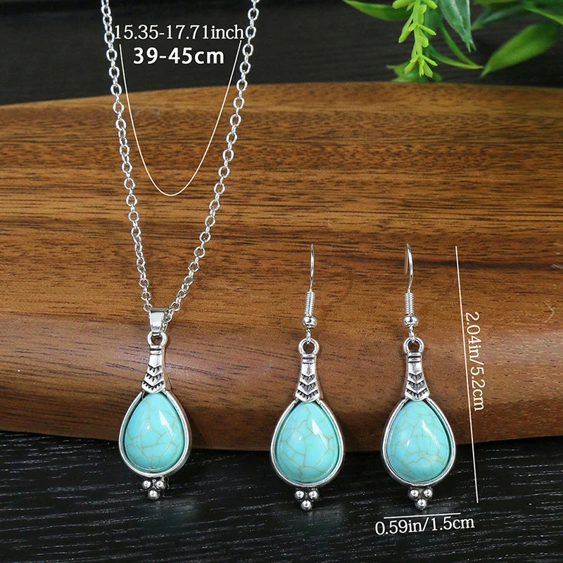 Vintage Bohemian Hollow Round Geometric Necklace Earrings Set For Women Indian Jewelry Ethnic Bule Beads Pendant Jewelry Sets
