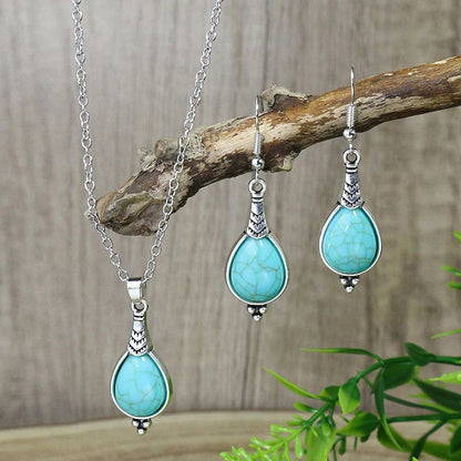 Vintage Bohemian Hollow Round Geometric Necklace Earrings Set For Women Indian Jewelry Ethnic Bule Beads Pendant Jewelry Sets