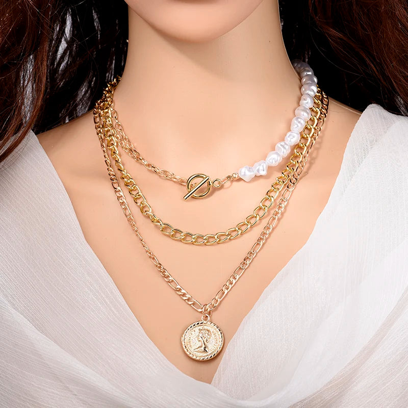 Fashion Chain Pearl Necklace For Women Baroque Pearl Metal Charm Pendant Necklaces Choker Snake Chain Jewelry Gold Silver Color